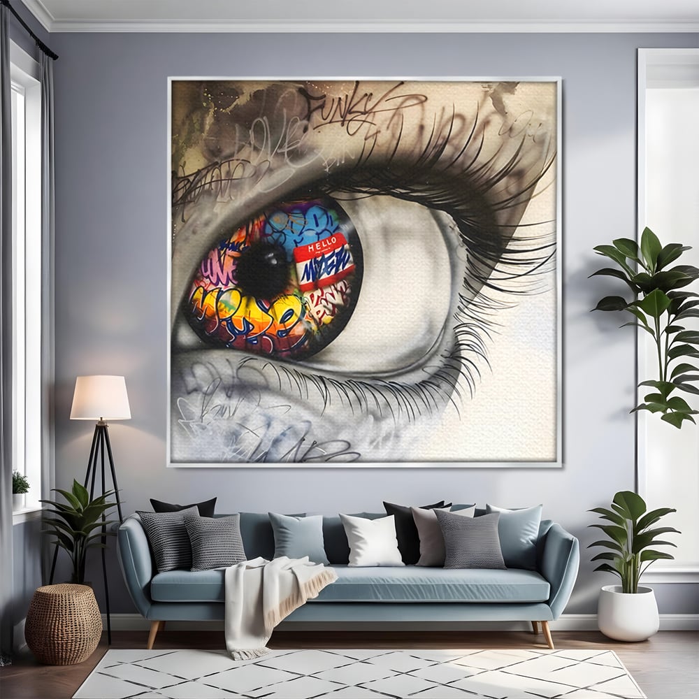 Tablou canvas cu tablou canvas cu ochi uman si graffiti, in rama de aluminiu argintiu, pe perete intr-un living